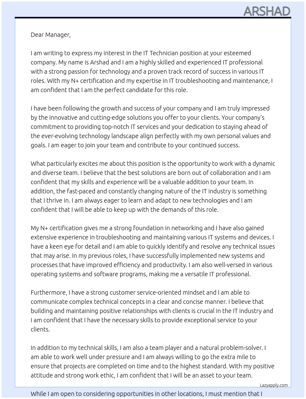 IT Technician At . Cover Letter