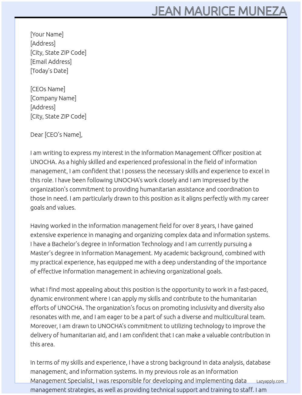 Information Management Officer At UNOCHA Cover Letter