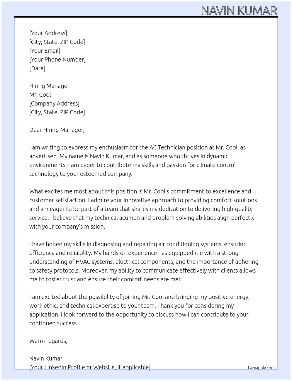 Ac technician At Mr cool Cover Letter