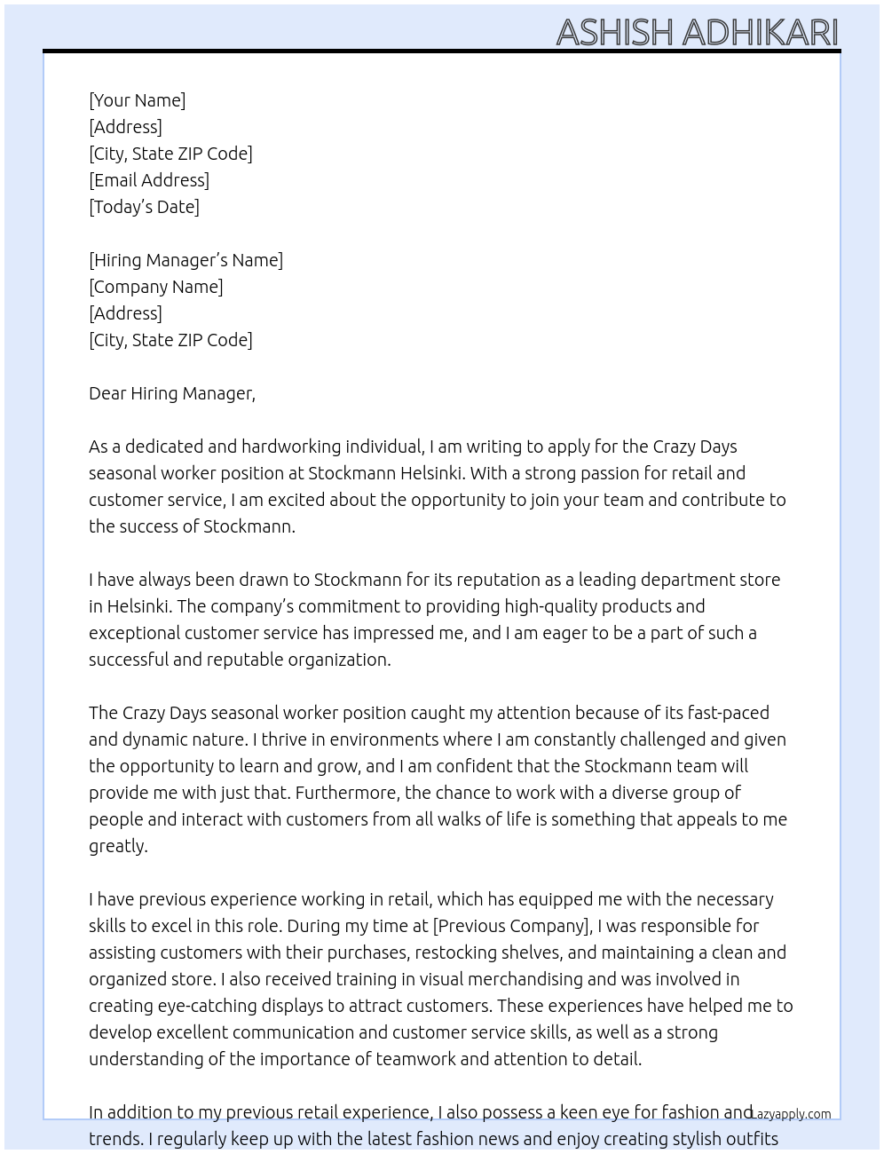 Cover letter for crazy days seasonal worker, stockmann helsinki - LazyApply