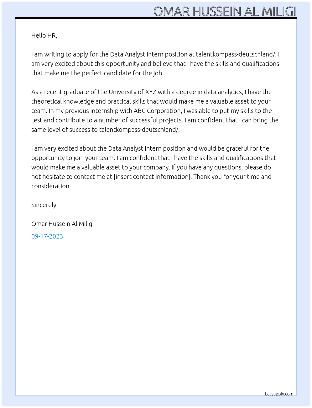 Data Analyst Intern At talentkompass-deutschland/ Cover Letter