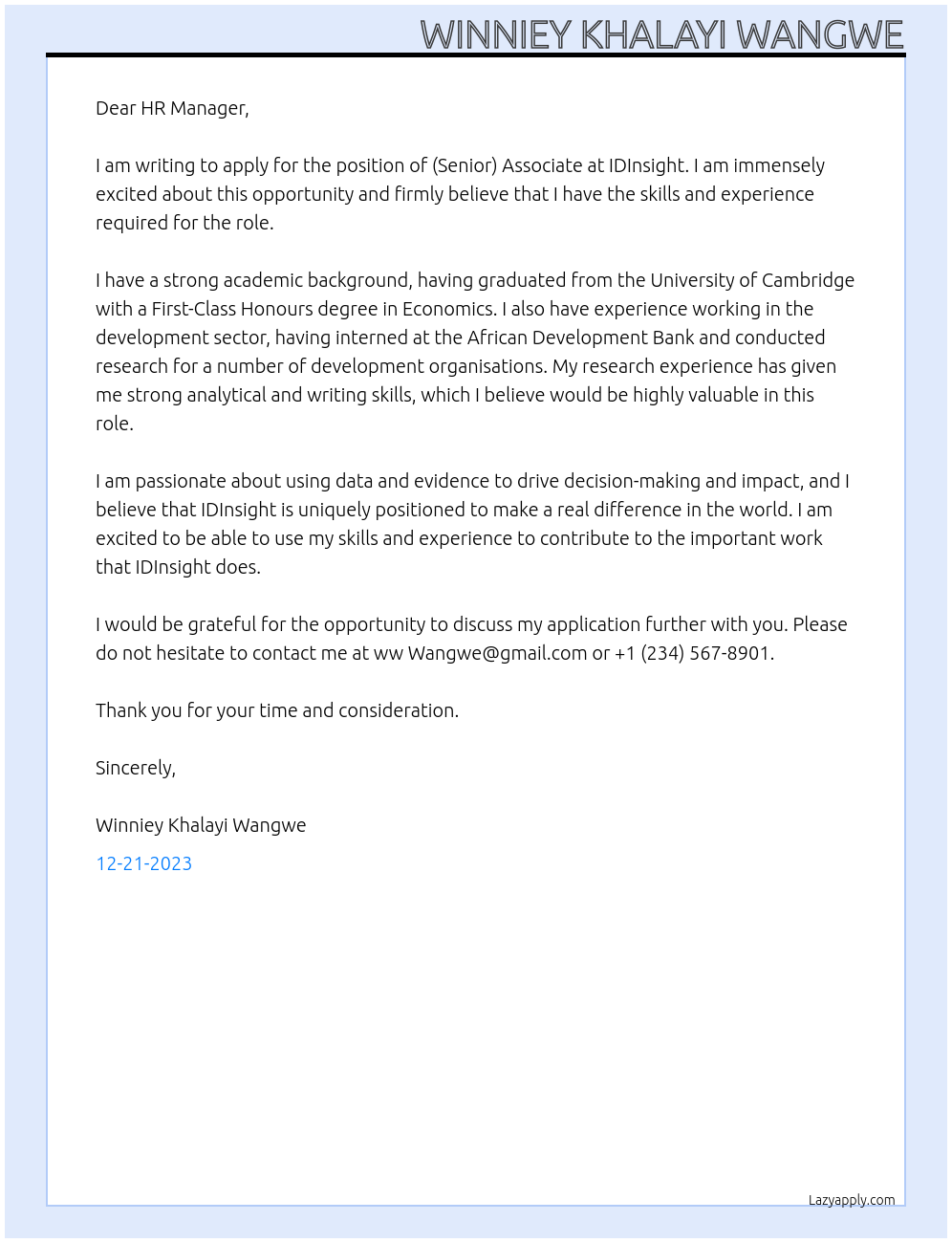 (Senior) Associate At IDInsight Cover Letter