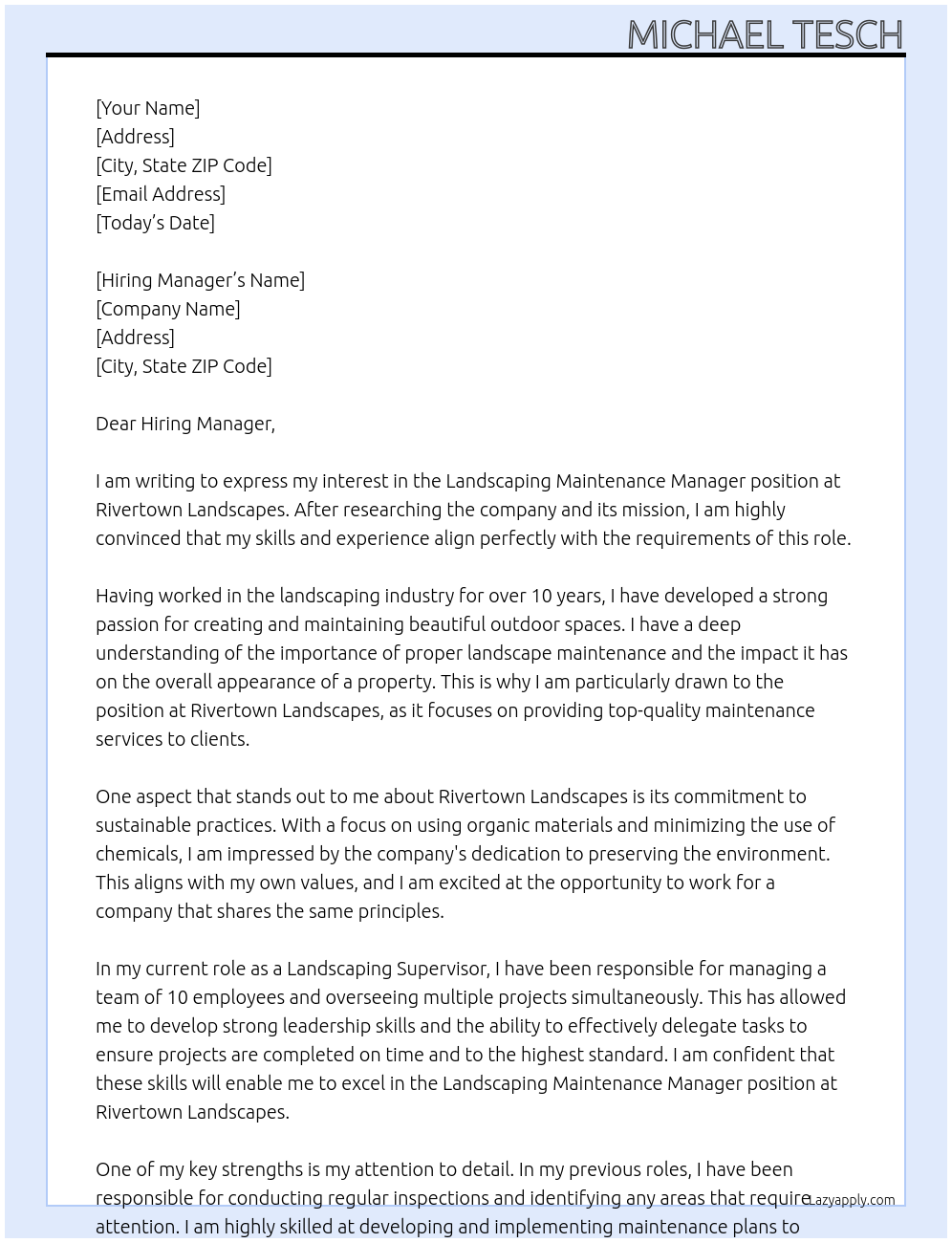 Cover letter for landscaping maintenance manager - LazyApply