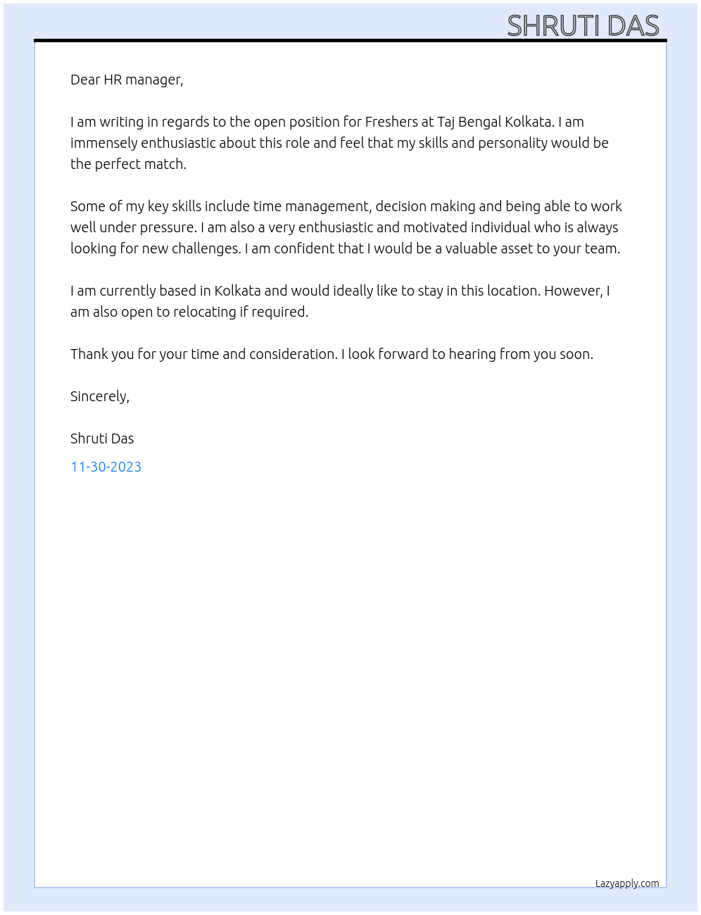 Freshers At Taj Bengal Kolkata Cover Letter