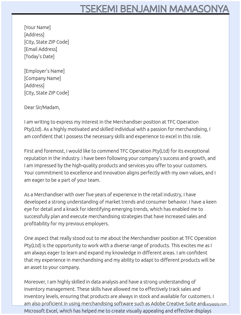 Merchandiser At TFC Operation Pty(Ltd) Cover Letter