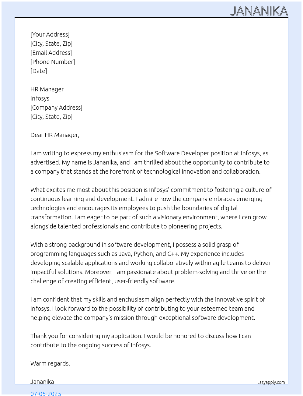 Software developer At Infosys Cover Letter