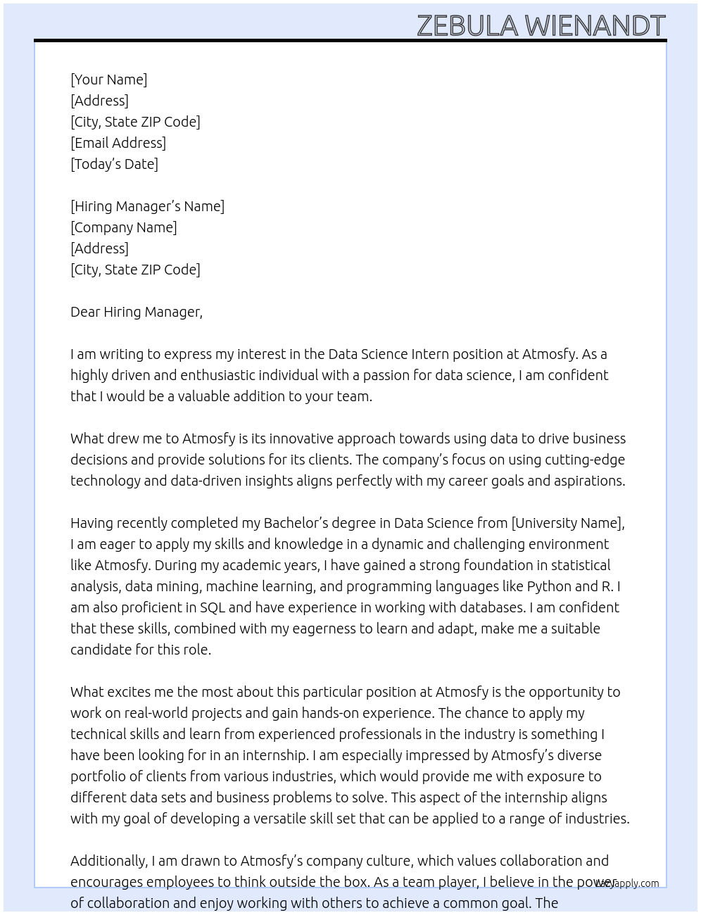 Data Science Intern At Atmosfy Cover Letter