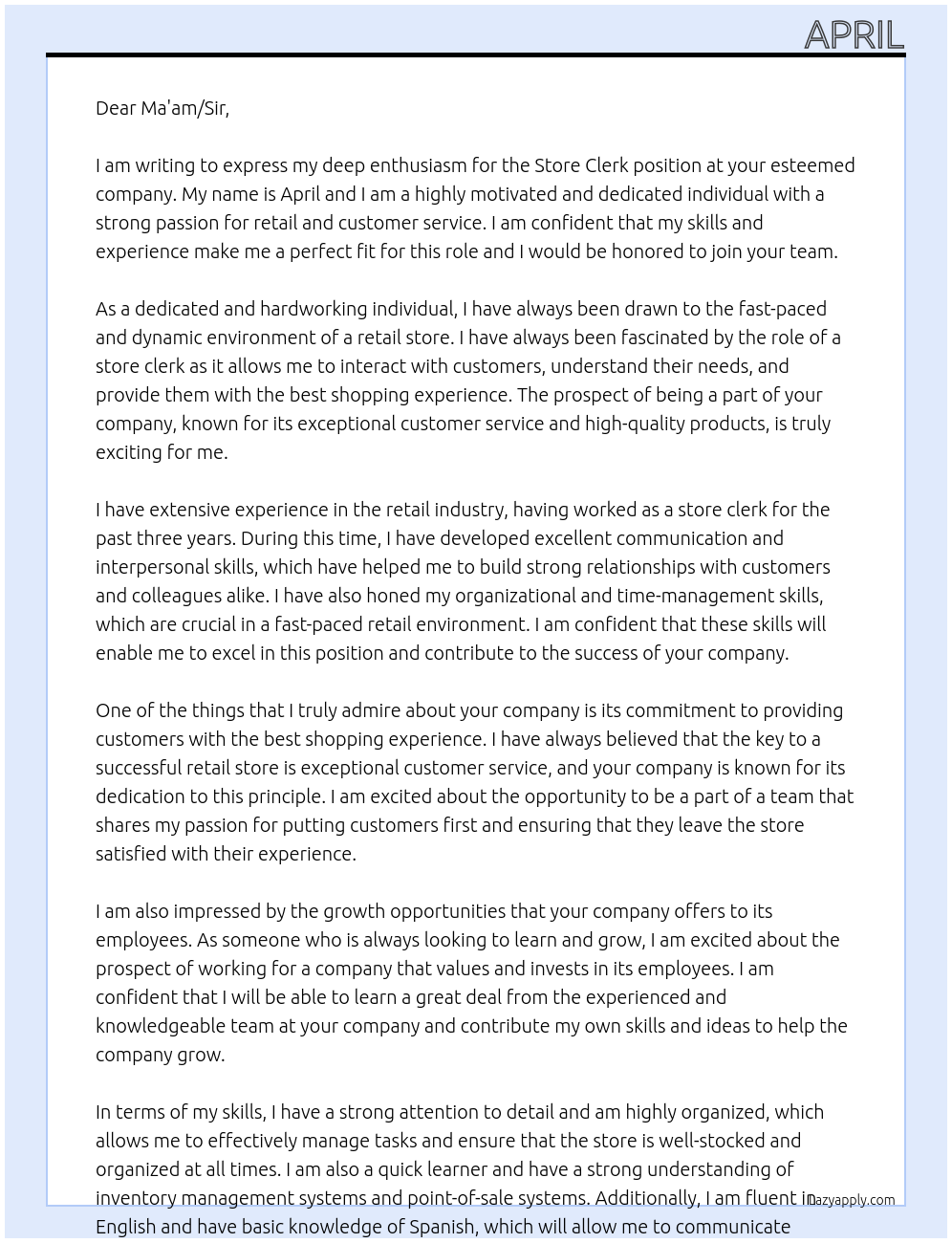 Store clerk At N/A Cover Letter