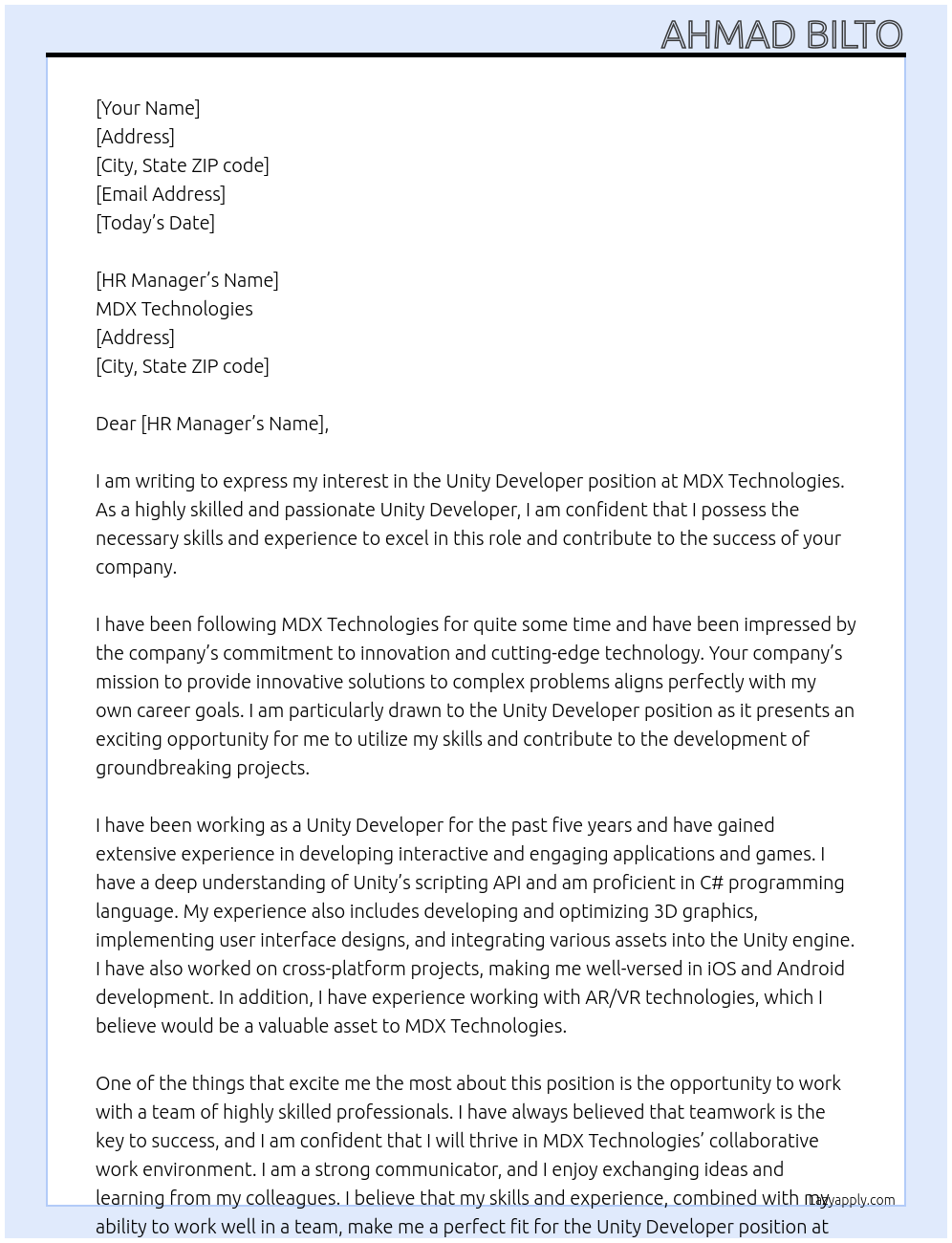 Unity Developer At MDX Technologies Cover Letter