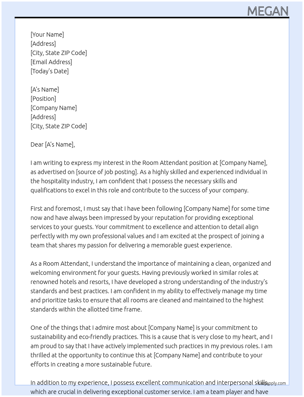 Room attendant  At A Cover Letter