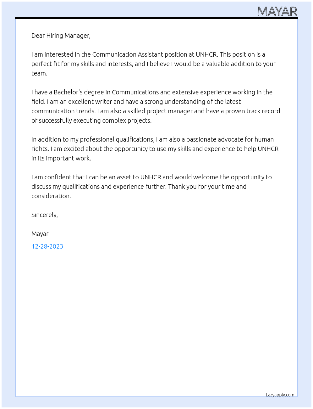 Communication Assistant At UNHCR Cover Letter