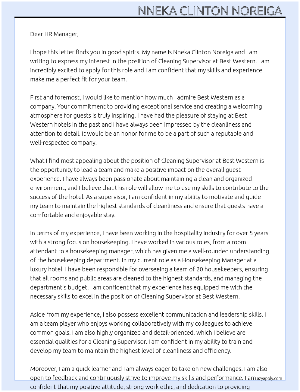 Cleaning Supervisor  At Best Western  Cover Letter