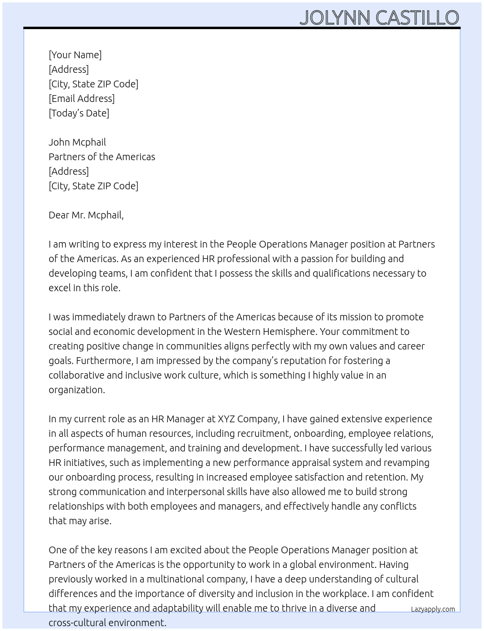 People Operations Manager At Partners of the Americas Cover Letter