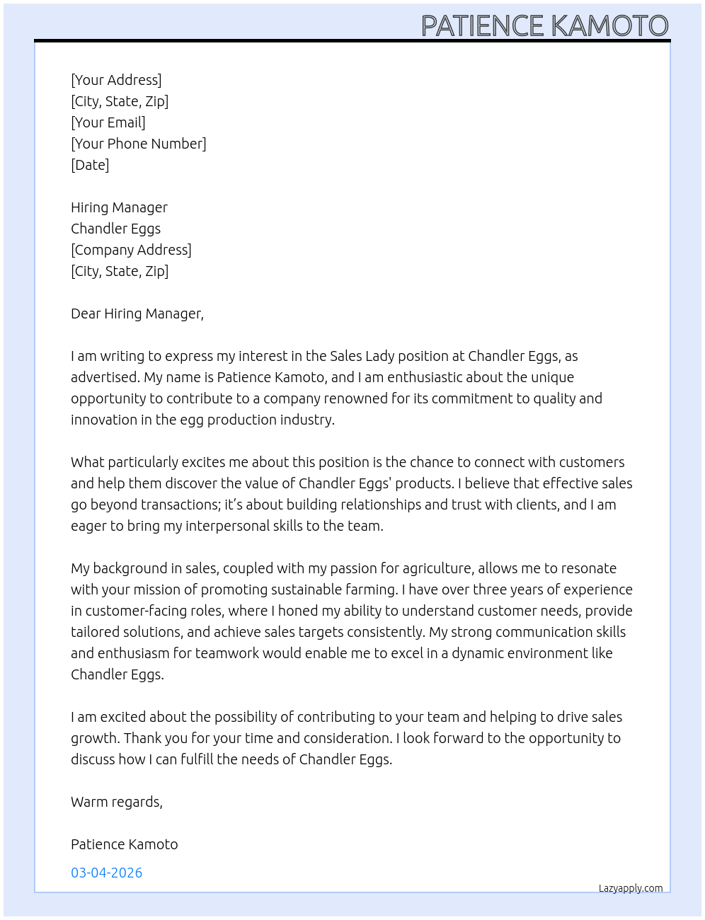 Cover letter for sales lady - LazyApply