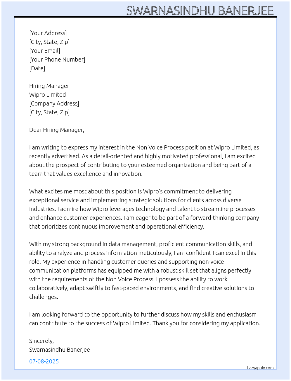 Non Voice Process At Wipro Limited Cover Letter