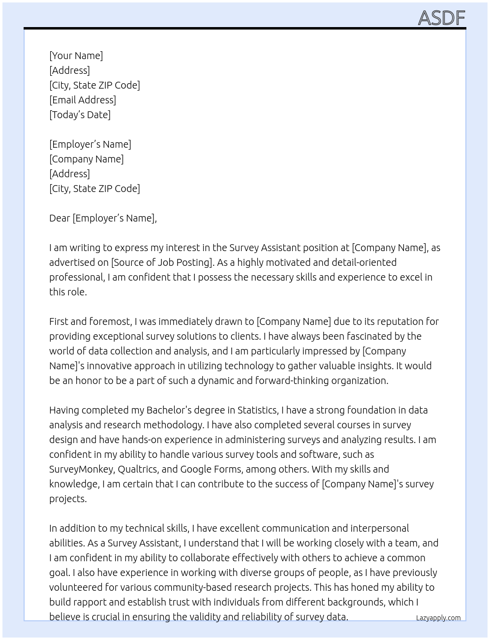 survey assistant At qwer Cover Letter