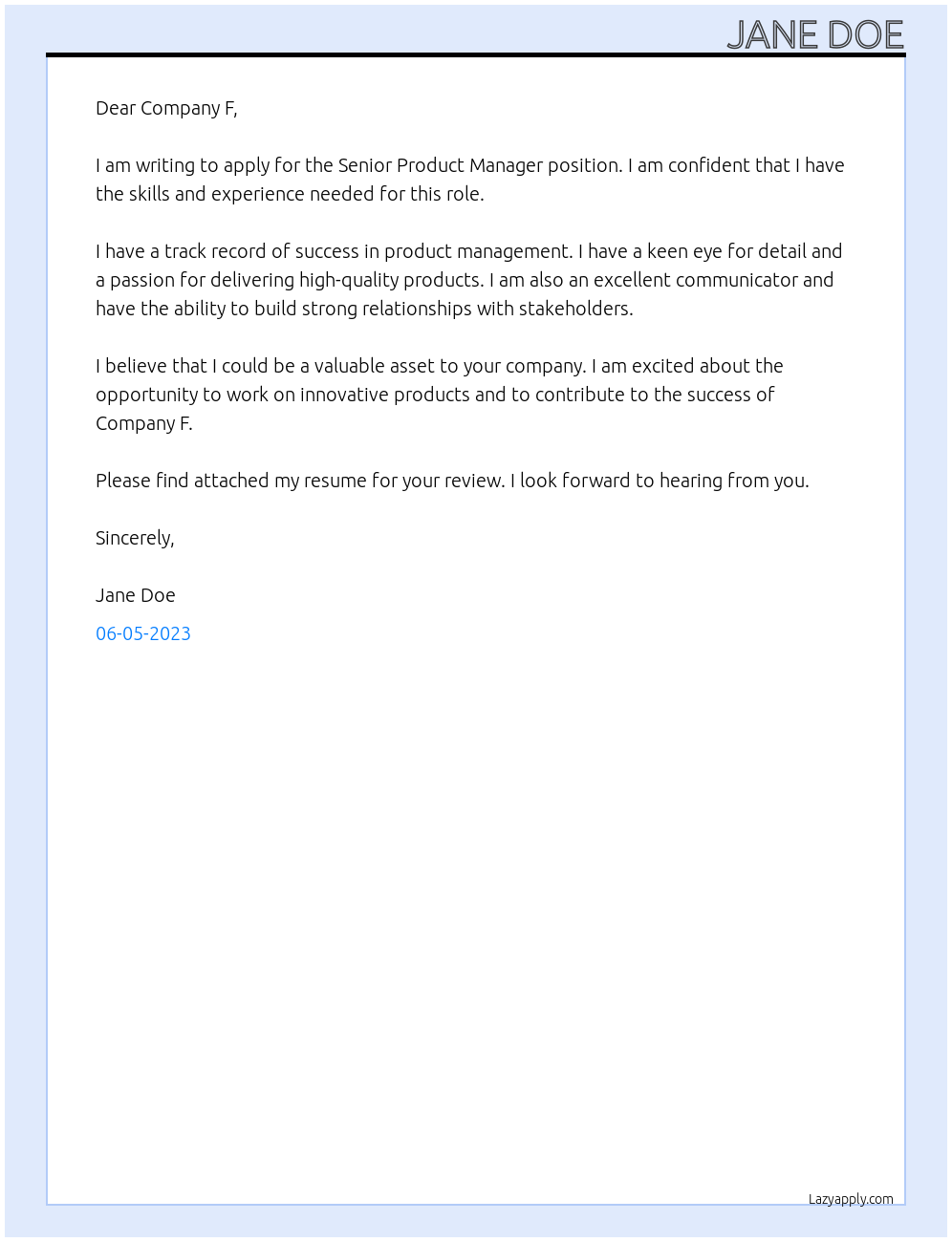 Senior Product Manager At Company F Cover Letter