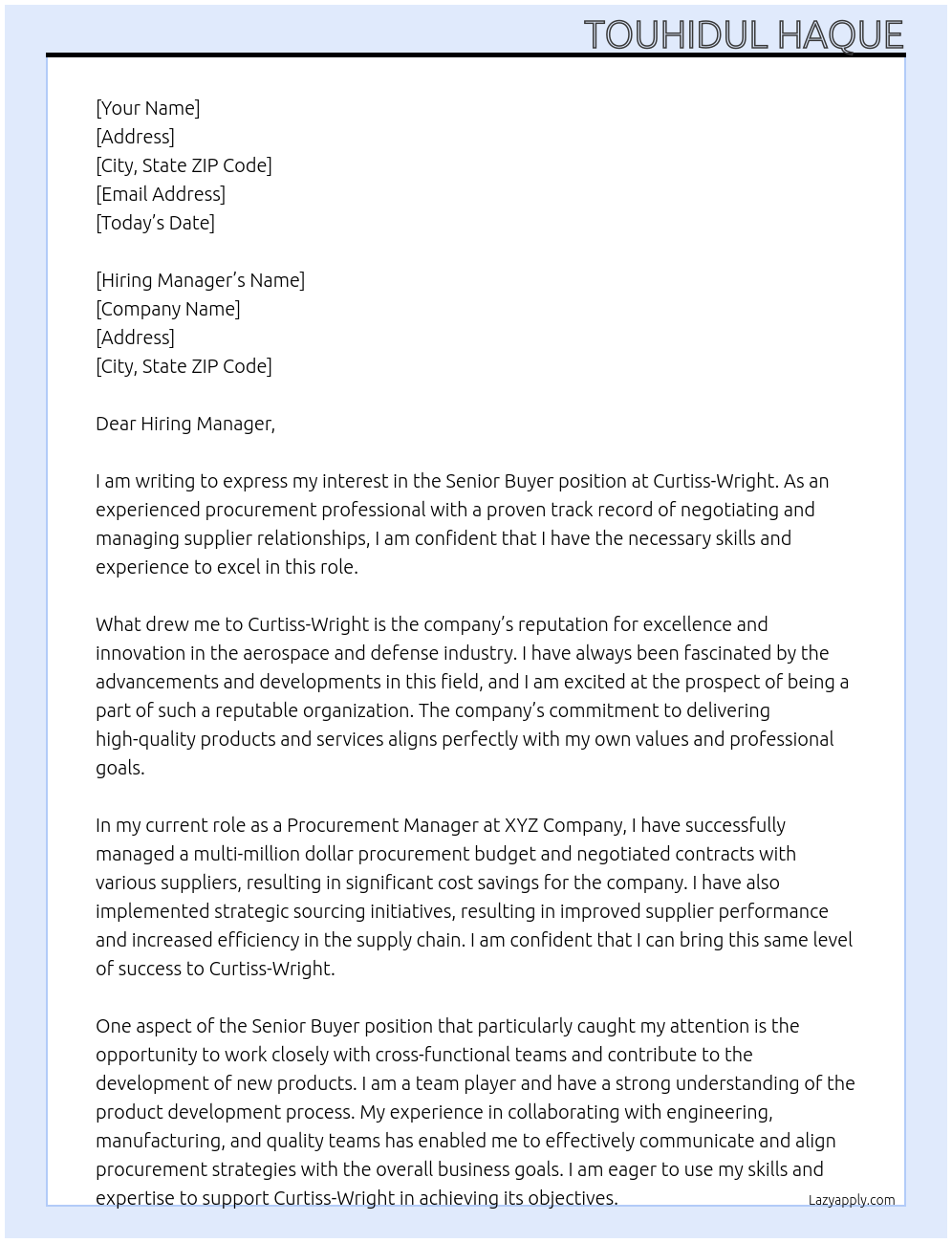 Senior Buyer At Curtiss-wright Cover Letter
