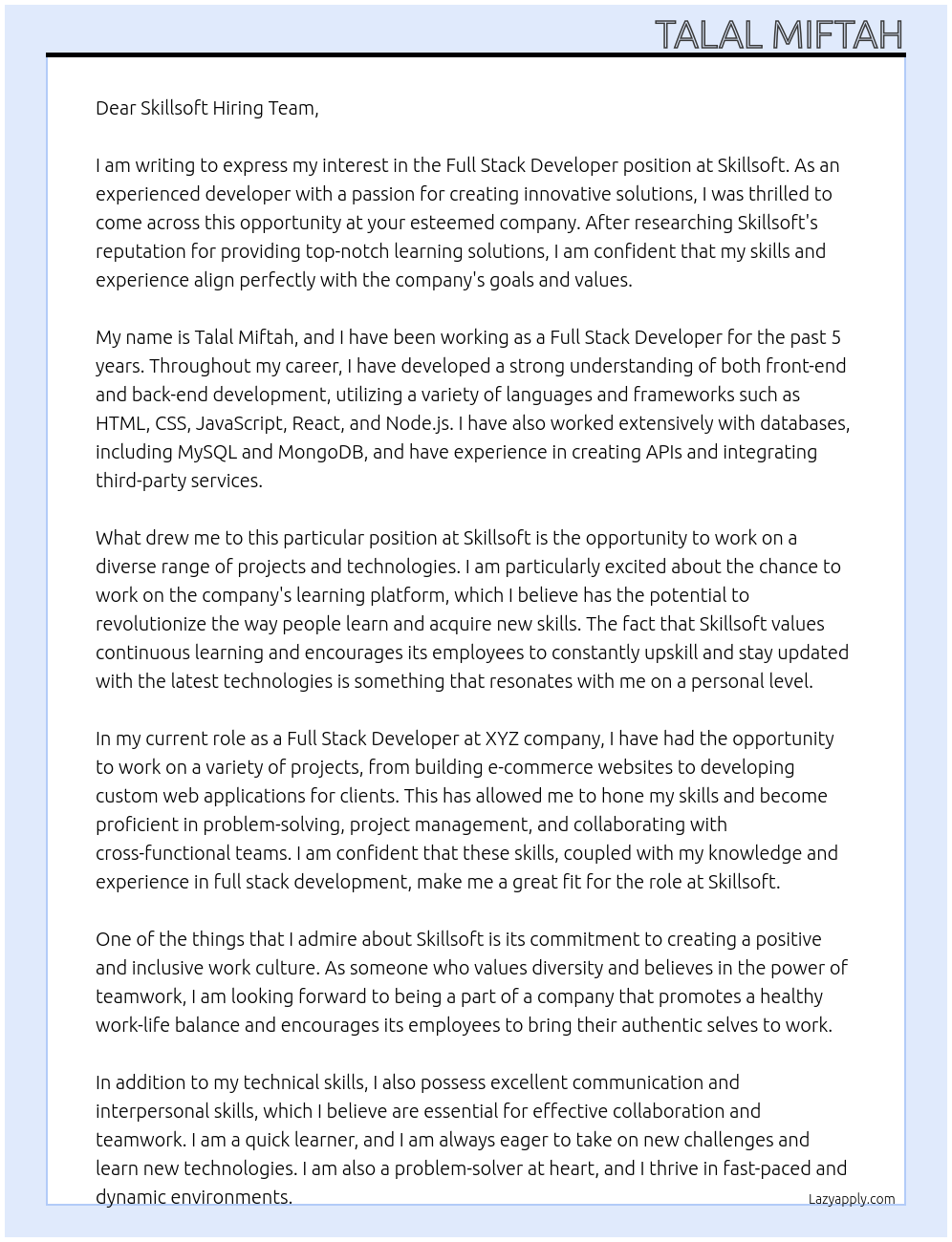 full stack developer At skillsoft Cover Letter