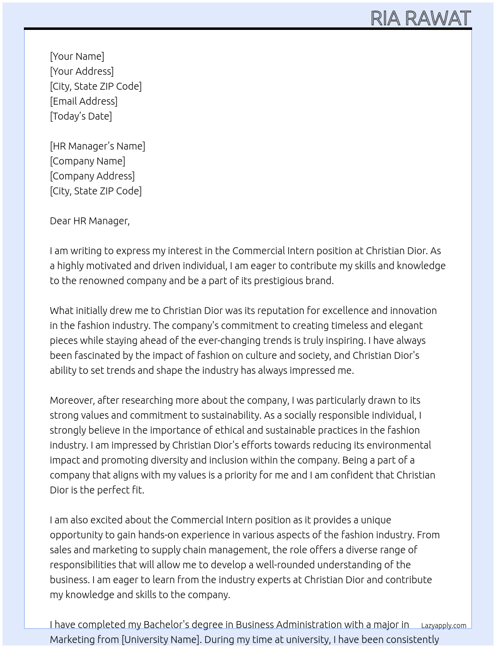 Commercial intern At Christian Dior Cover Letter