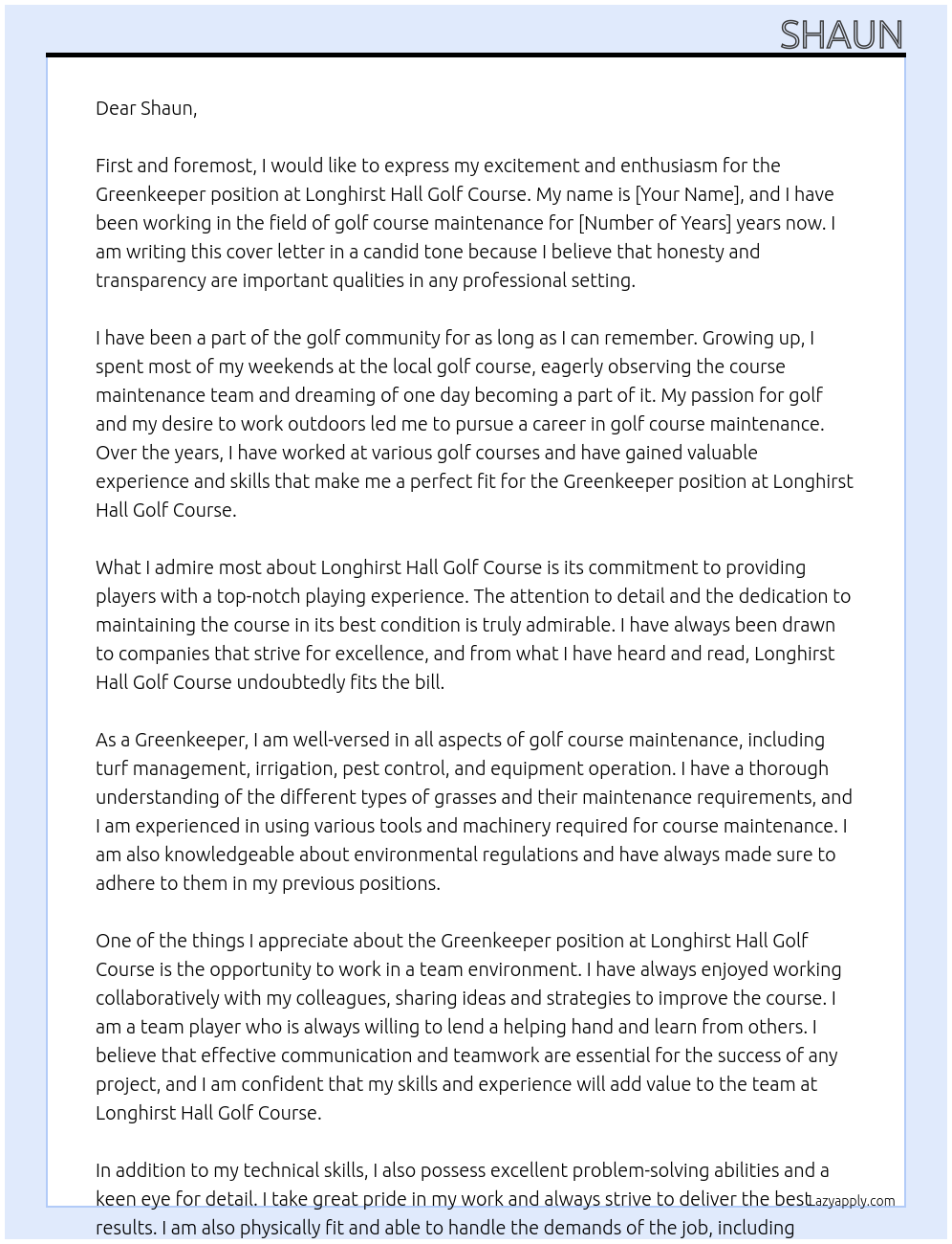 Greenkeeper At Longhirst Hall Golf Course Cover Letter