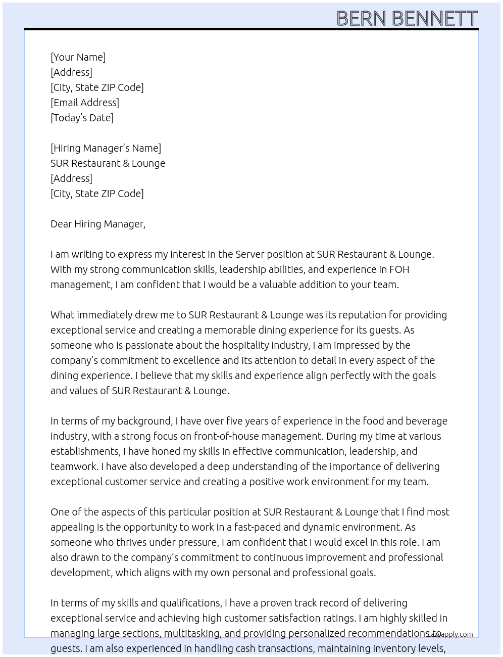 Server At SUR Restaurant & Lounge Cover Letter