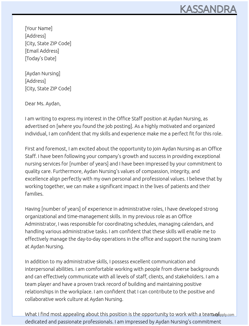 Office Staff At Aydan Nursing Cover Letter