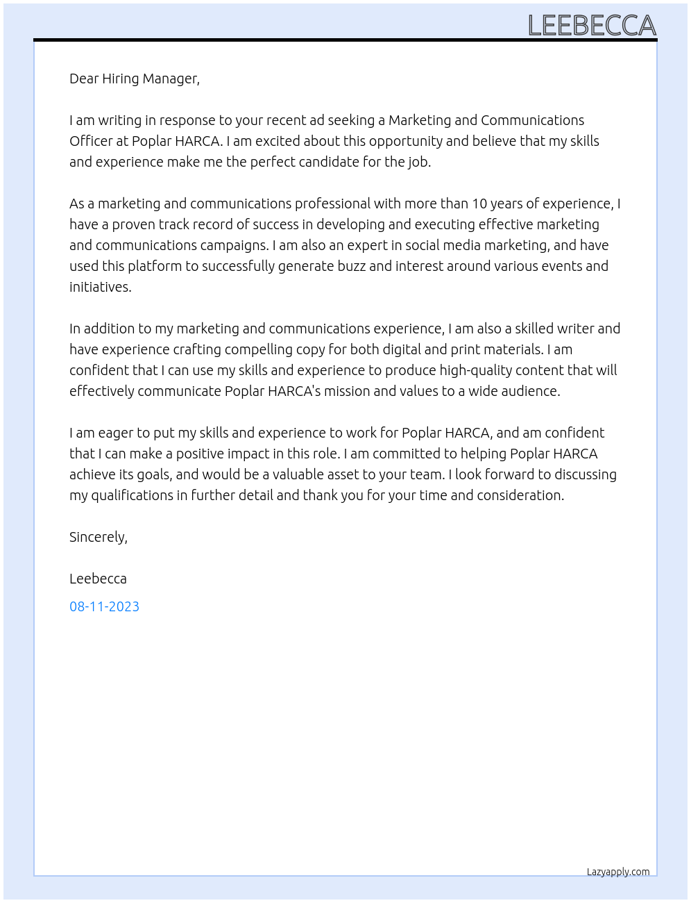 Marketing and Communications Officer At Poplar HARCA Cover Letter