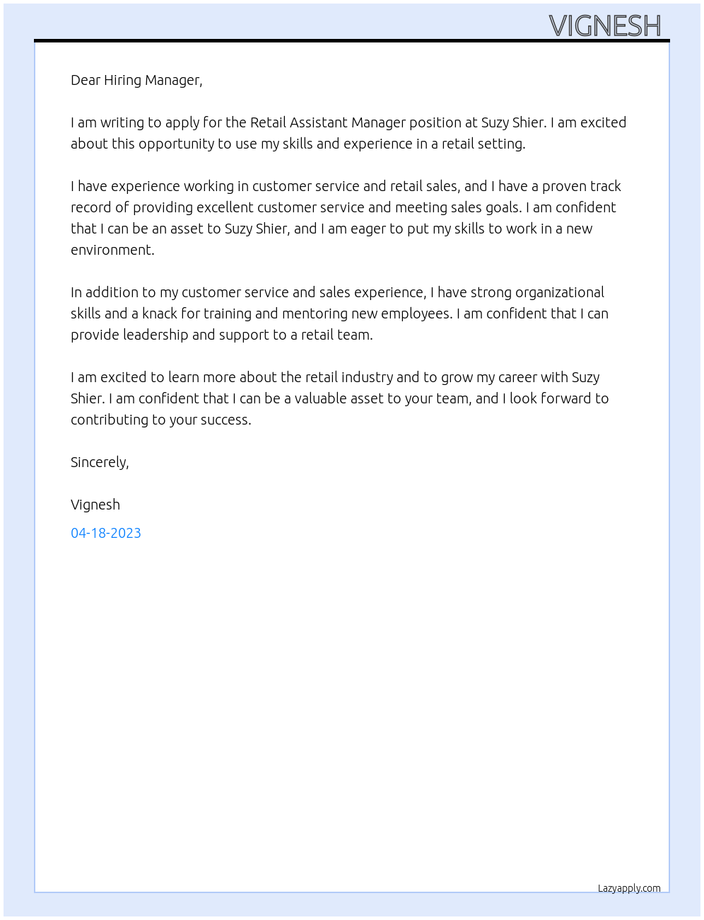 Retail Assistant Manager At Suzy Shier  Cover Letter