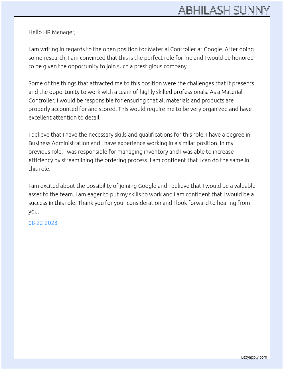Material Controller At google Cover Letter