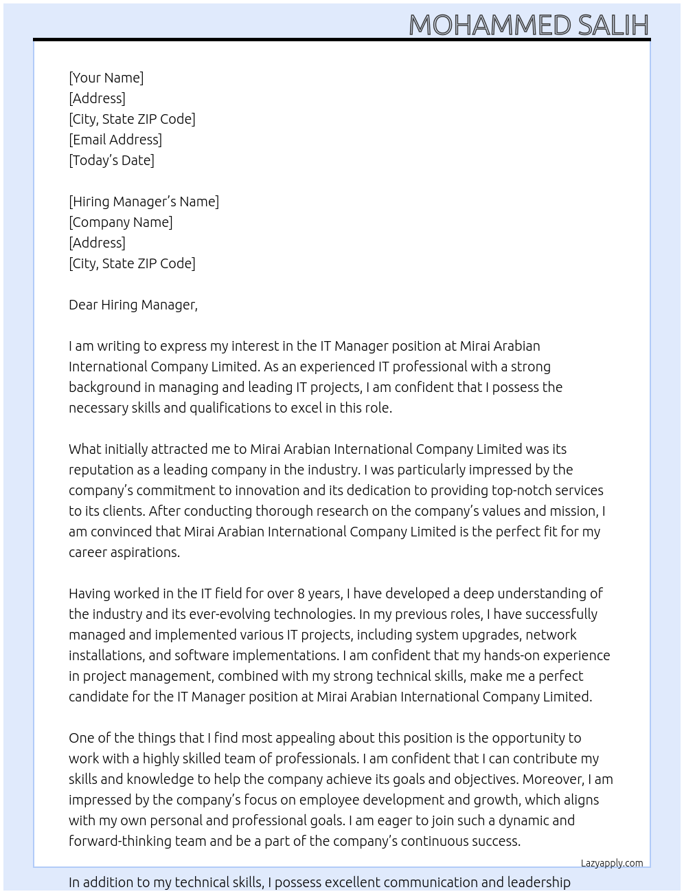 IT Manager At Mirai Arabian International Company Limited Cover Letter