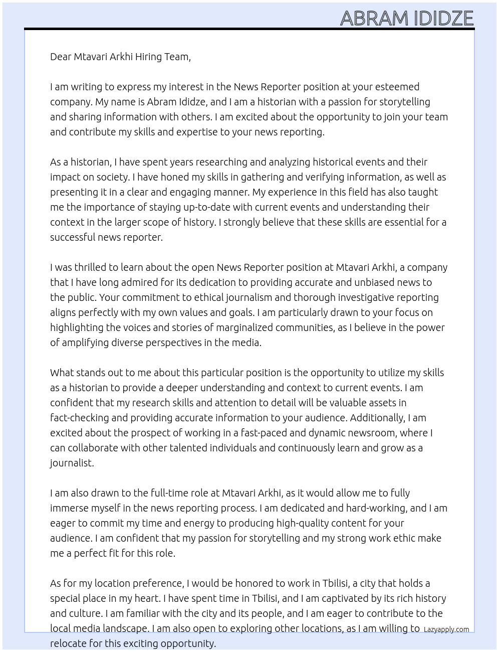 News reporter At Mtavari Arkhi Cover Letter