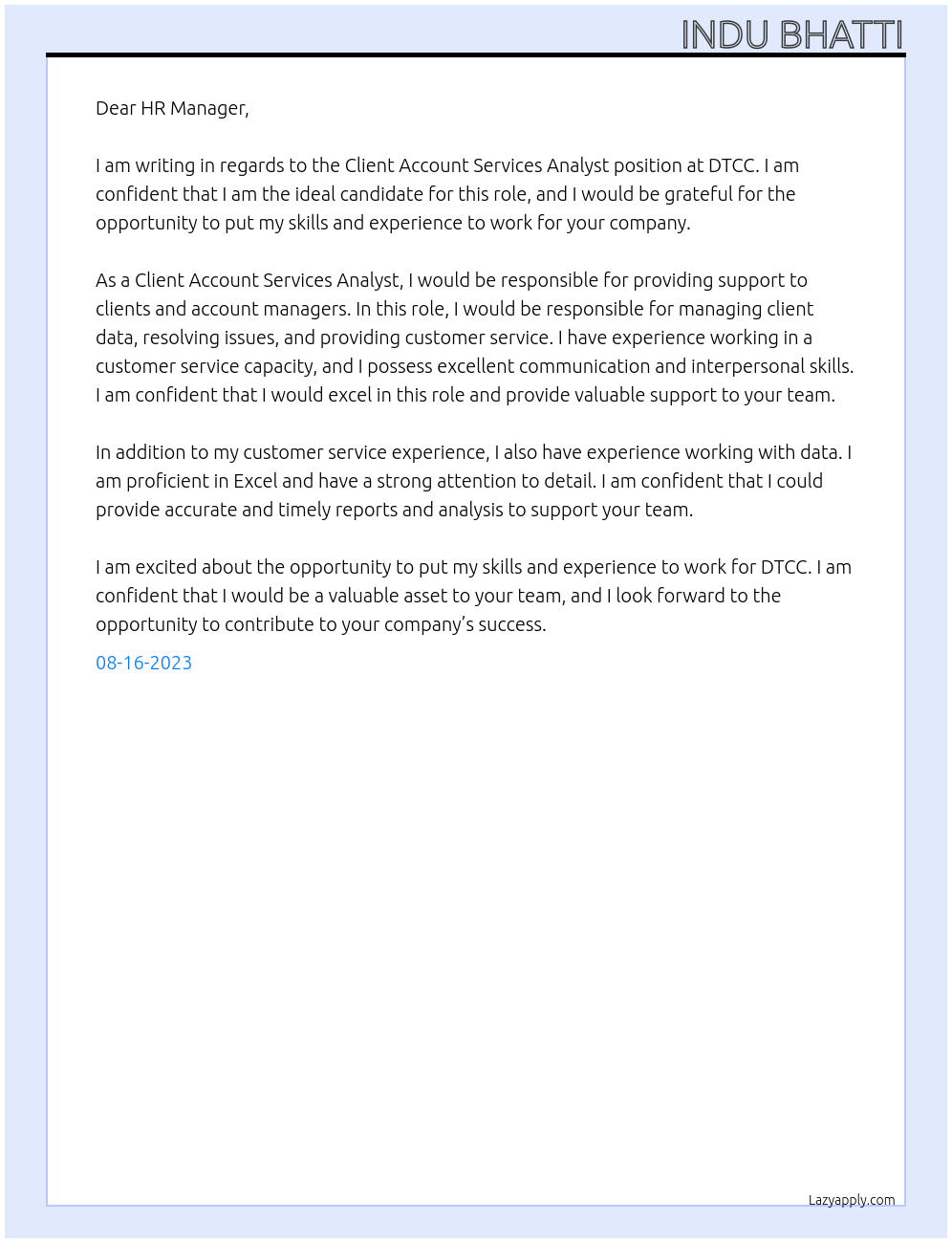 Client Account Services Analyst At DTCC Cover Letter