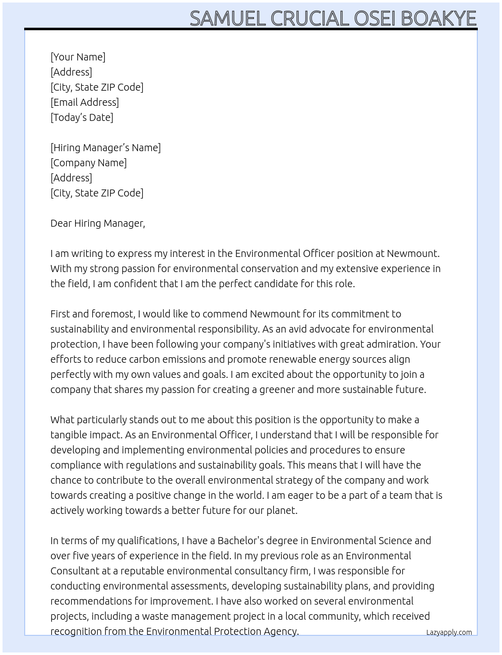 Environmental Officer At Newmount Cover Letter