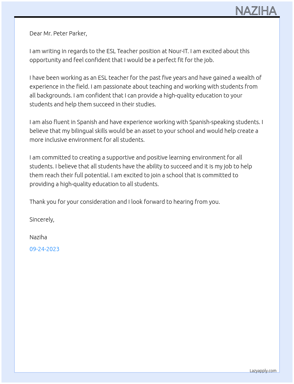 ESL Teacher At Nour-IT Cover Letter