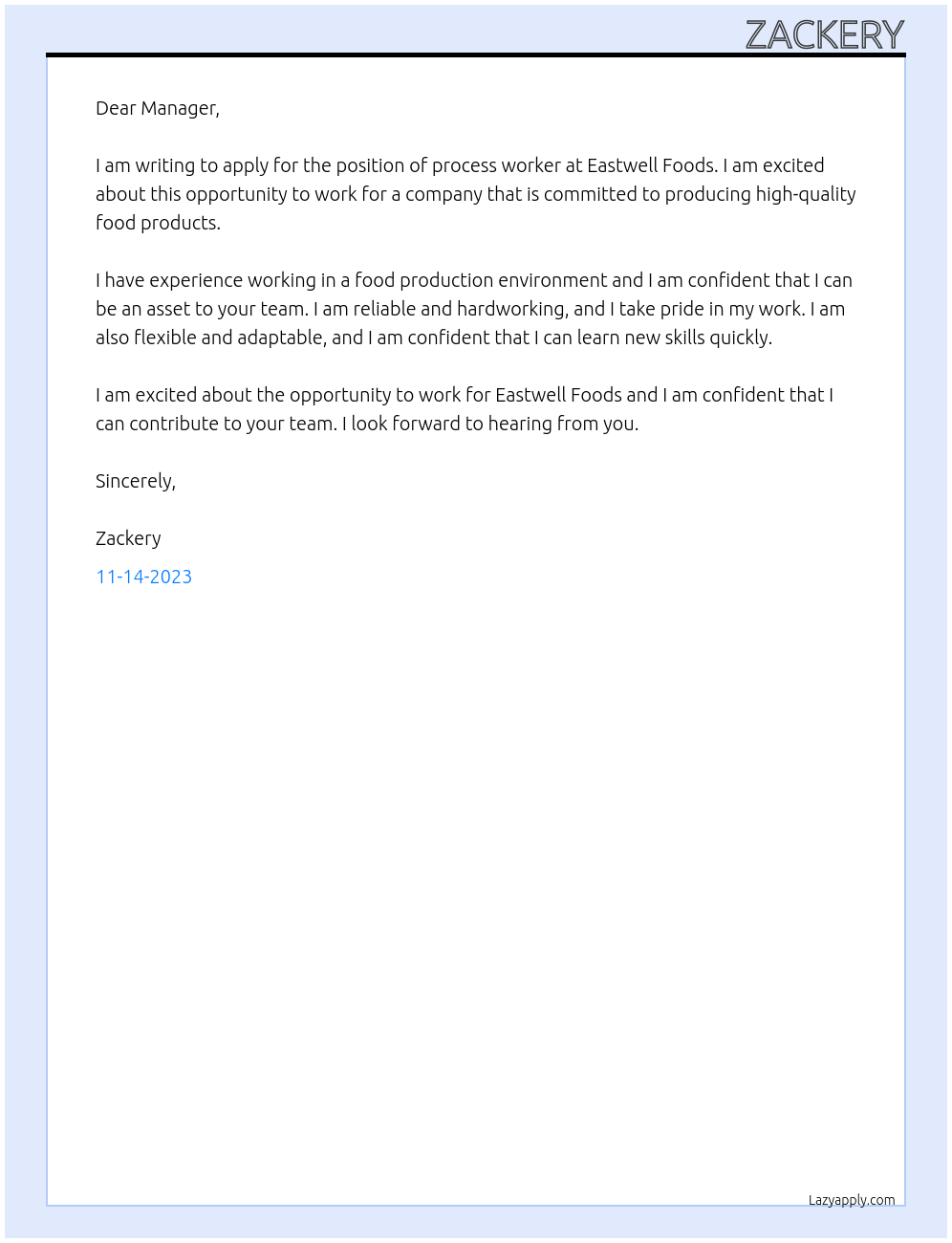 process worker At Eastwell Foods Cover Letter