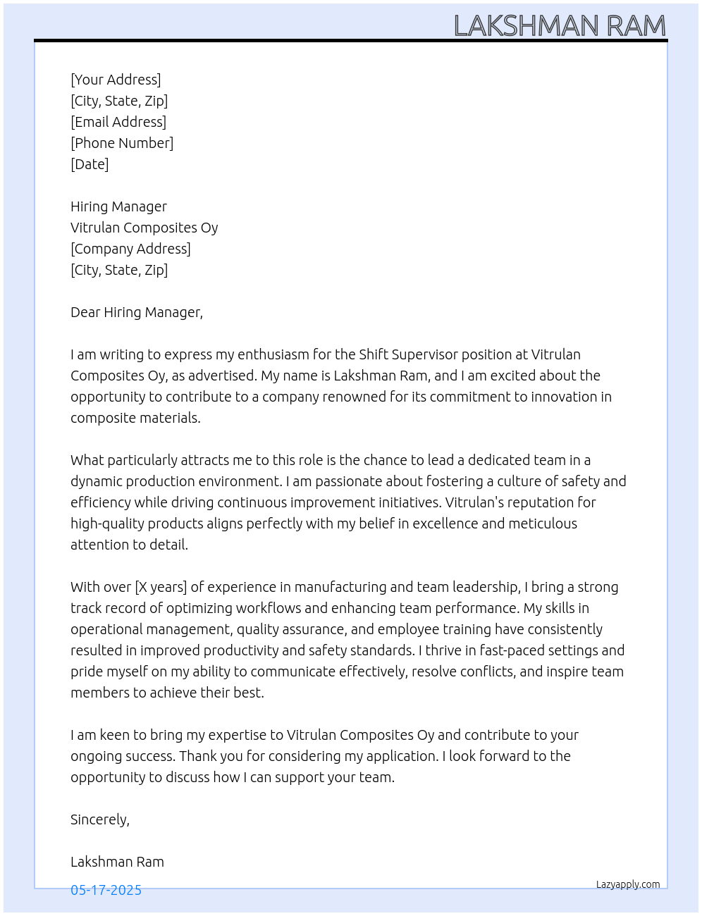 Shift Supervisor At Vitrulan Composites Oy Cover Letter