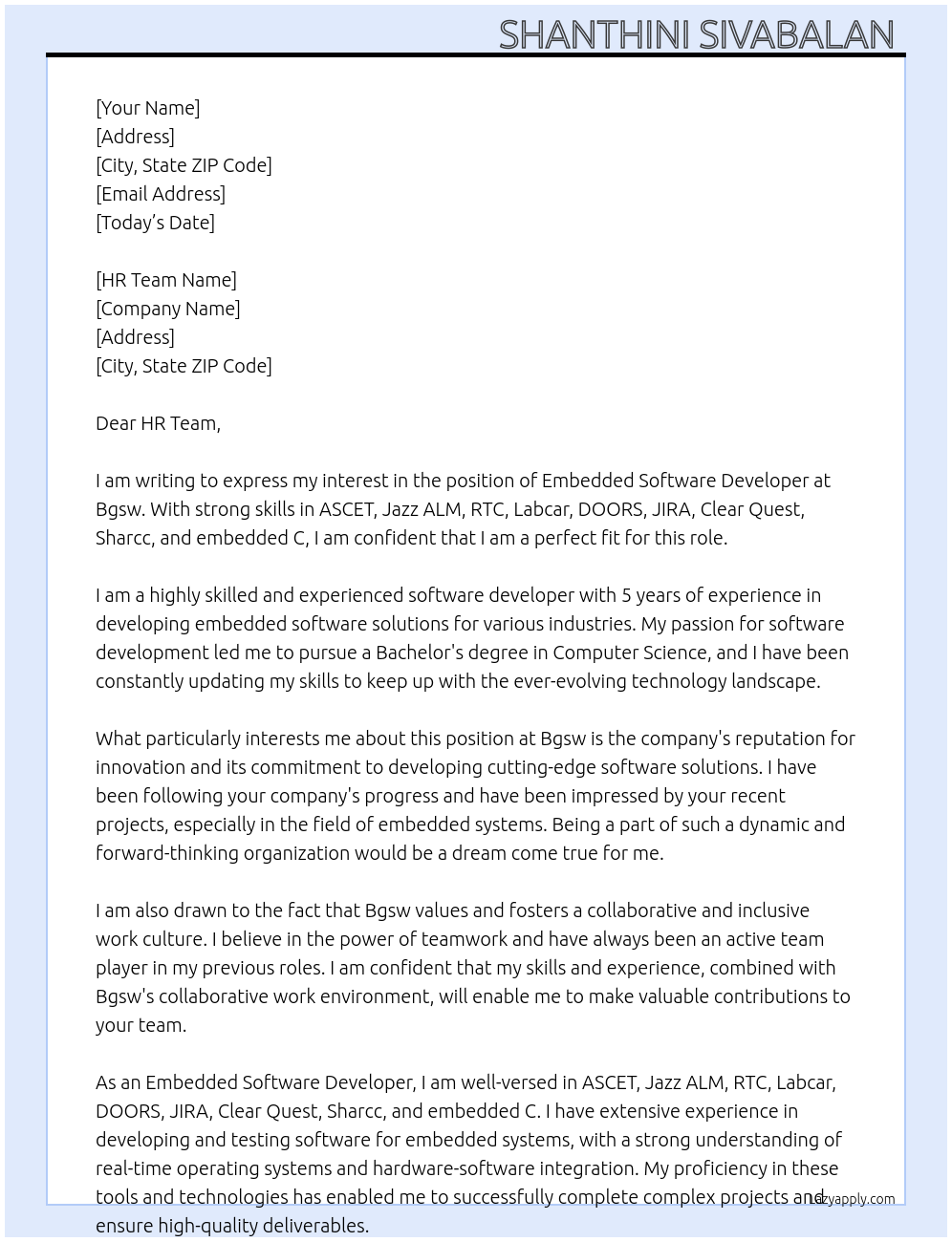 Embedded software developer  At Bgsw Cover Letter