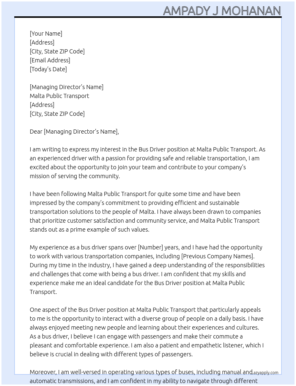 Bus driver At Malta public transport Cover Letter