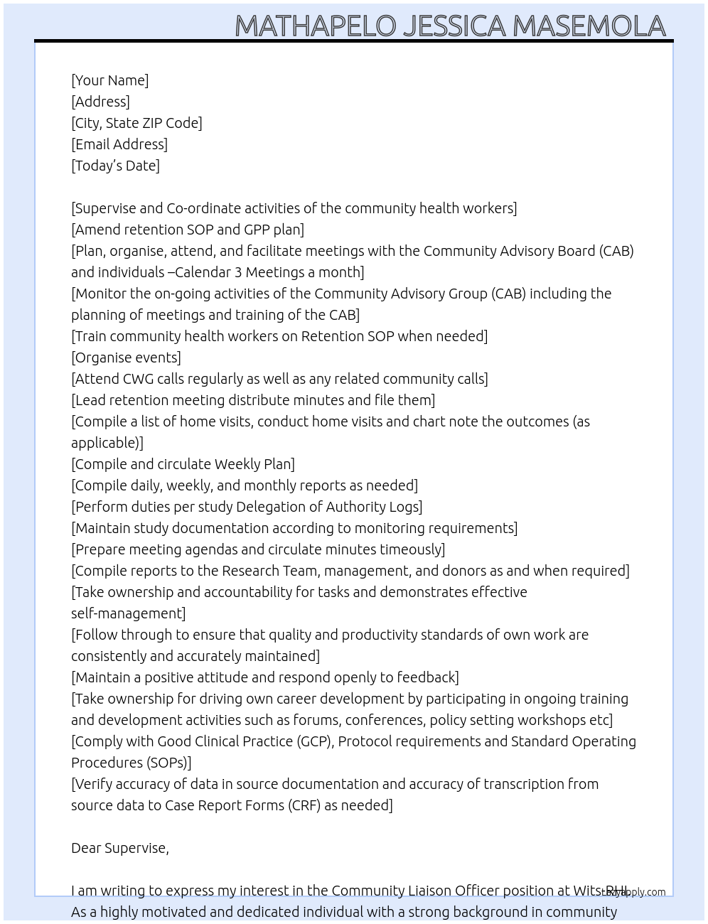 Community Liaison Officer At Wits-RHI Cover Letter