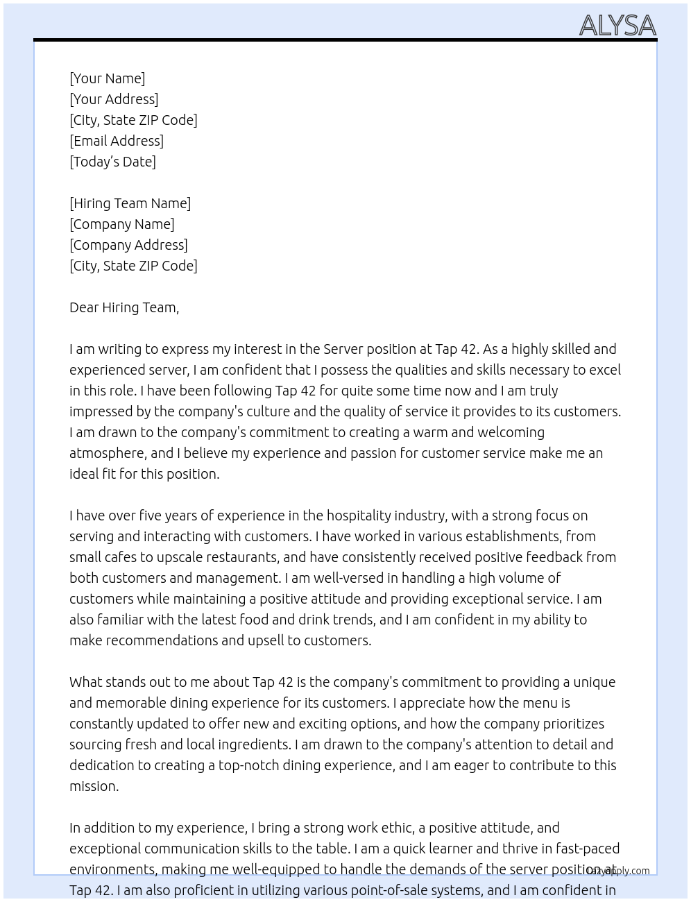 Server At Tap 42 Cover Letter