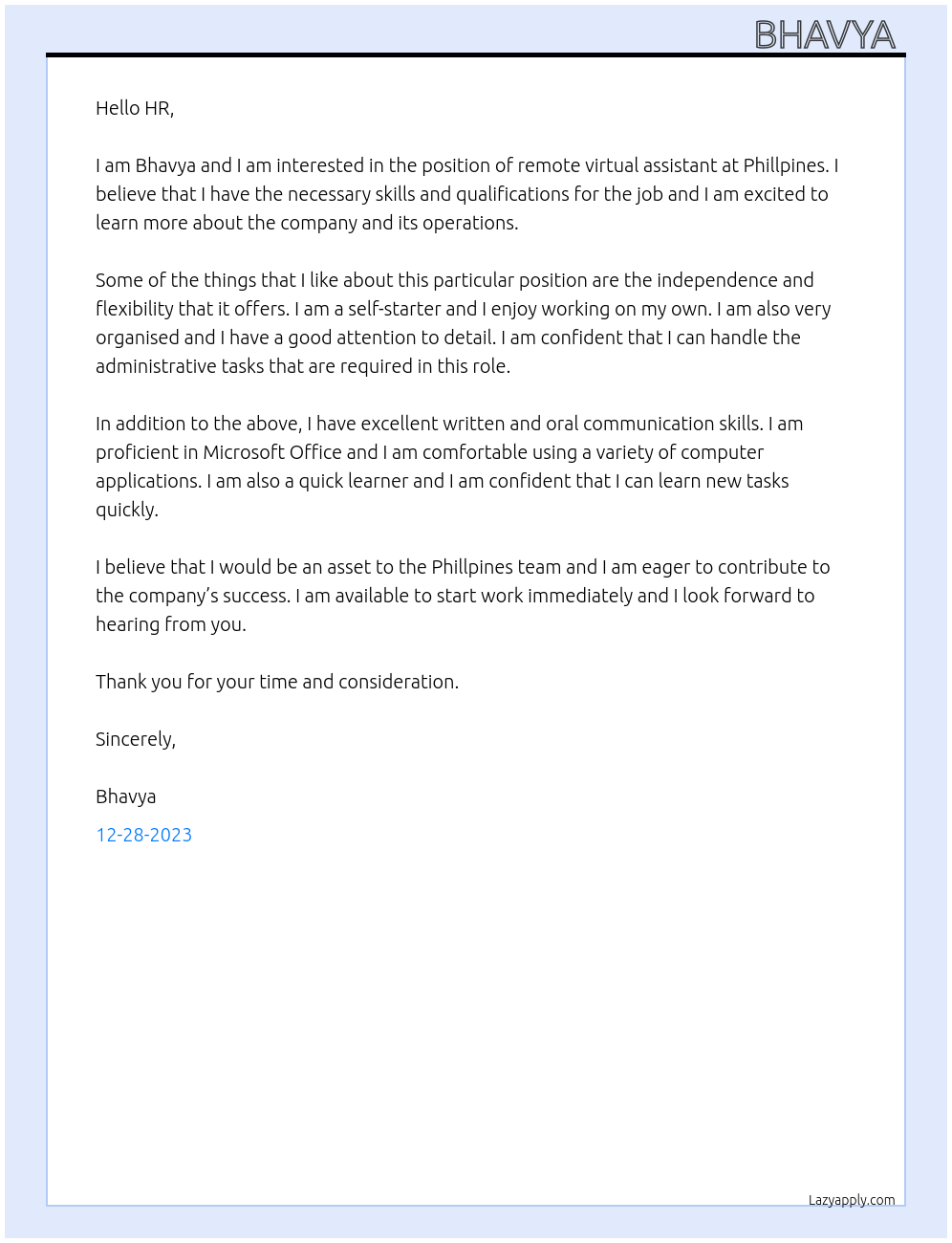 Remote virtual assistant At Phillpines  Cover Letter
