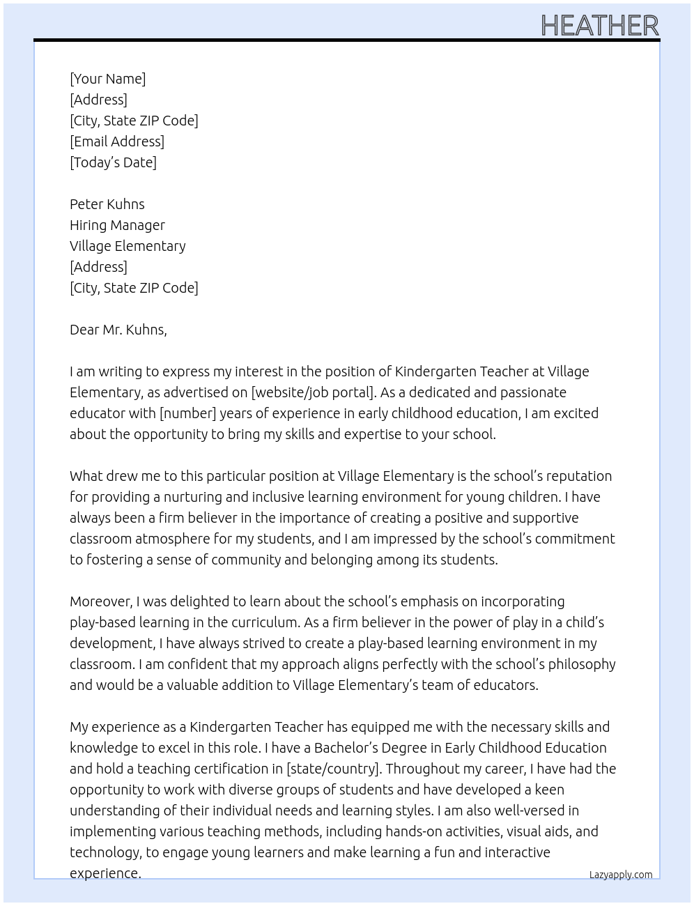 kindergarten teacher At Village Elementary Cover Letter