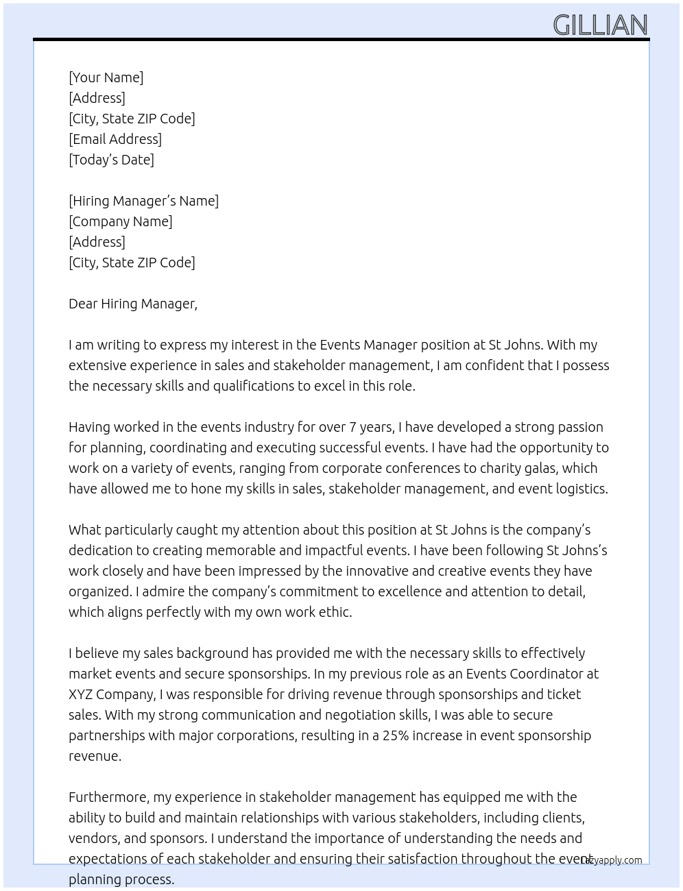 Events Manager At St Johns Cover Letter