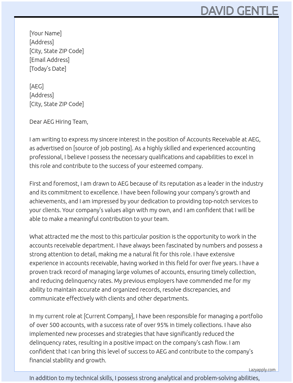 accounts receivable At AEG Cover Letter