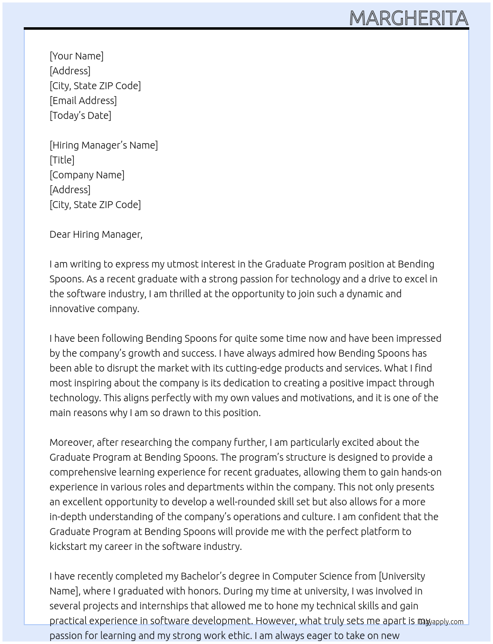 Graduate Program At Bending Spoons Cover Letter