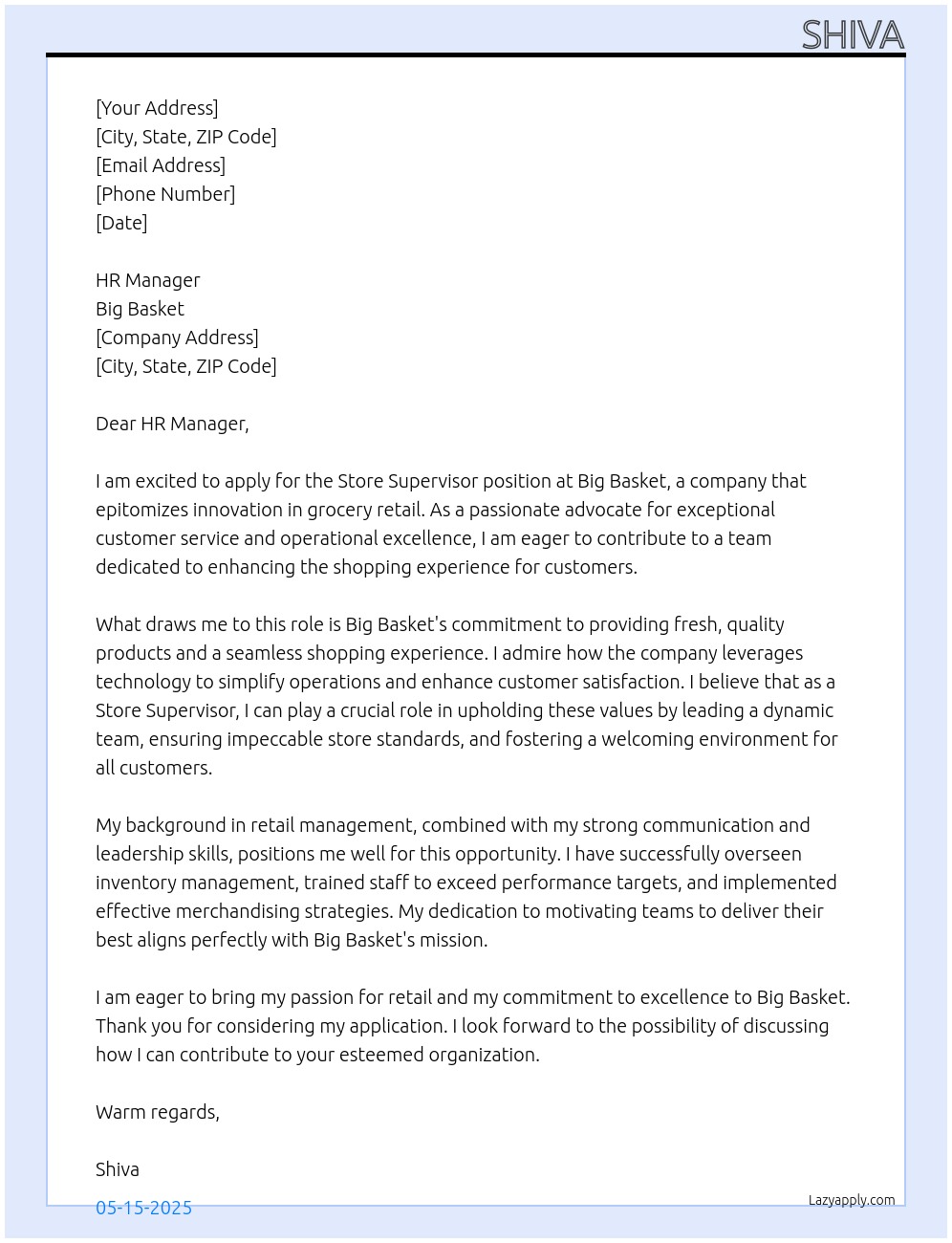 Store Supervisor At Big Basket Cover Letter