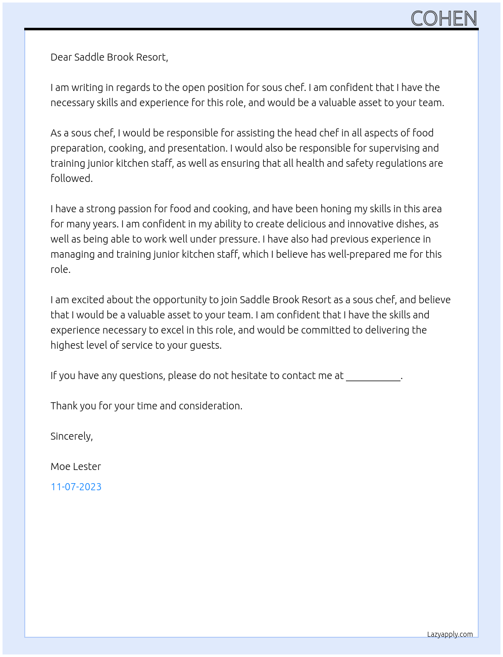 sous chef At Saddle Brook Resort Cover Letter