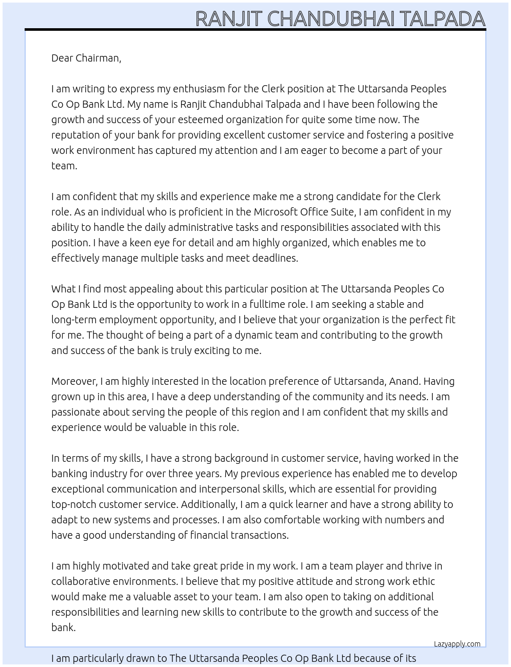 CLERK At THE UTTARSANDA PEOPLES CO OP BANK LTD Cover Letter