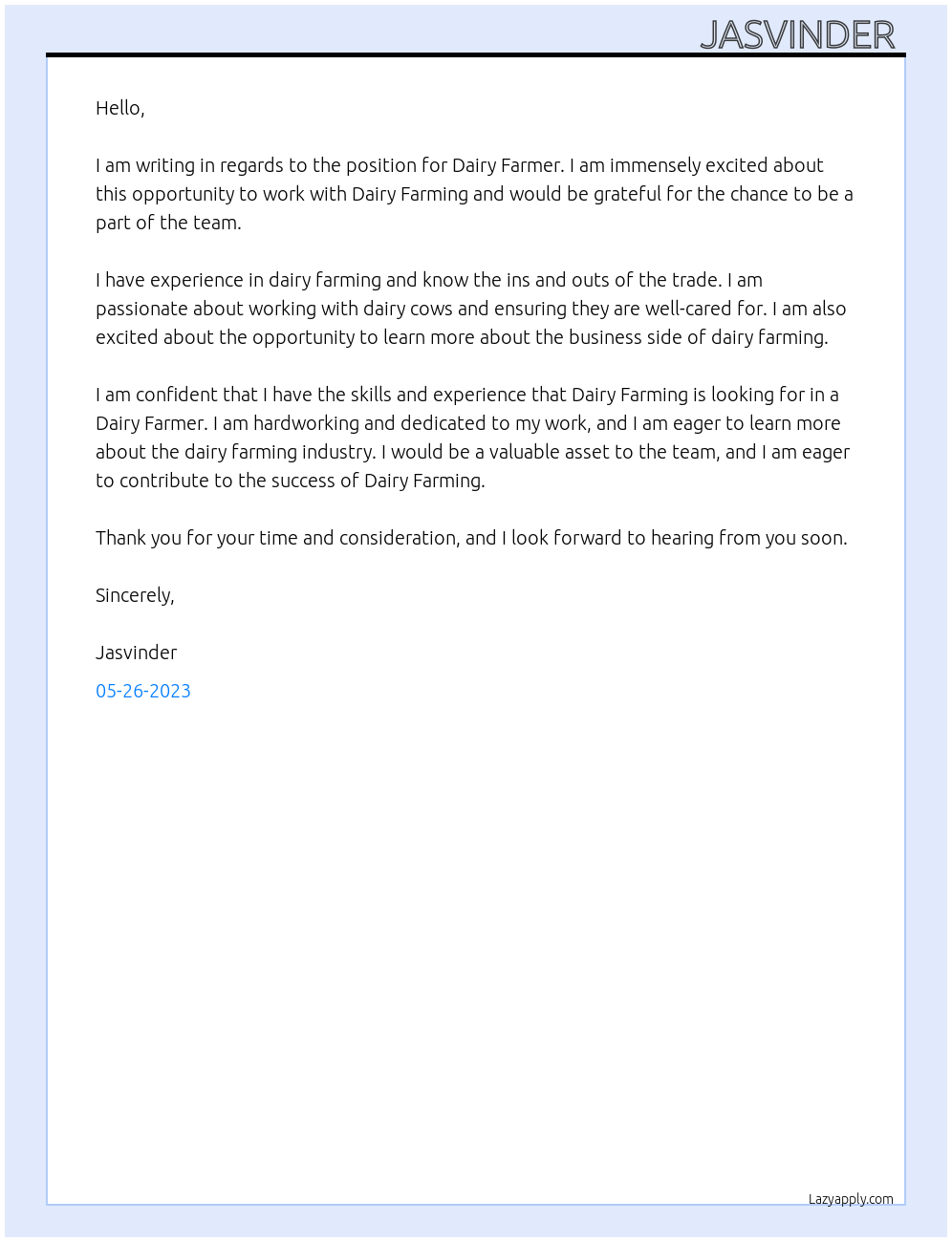 Dairy farmer At Dairy farming  Cover Letter
